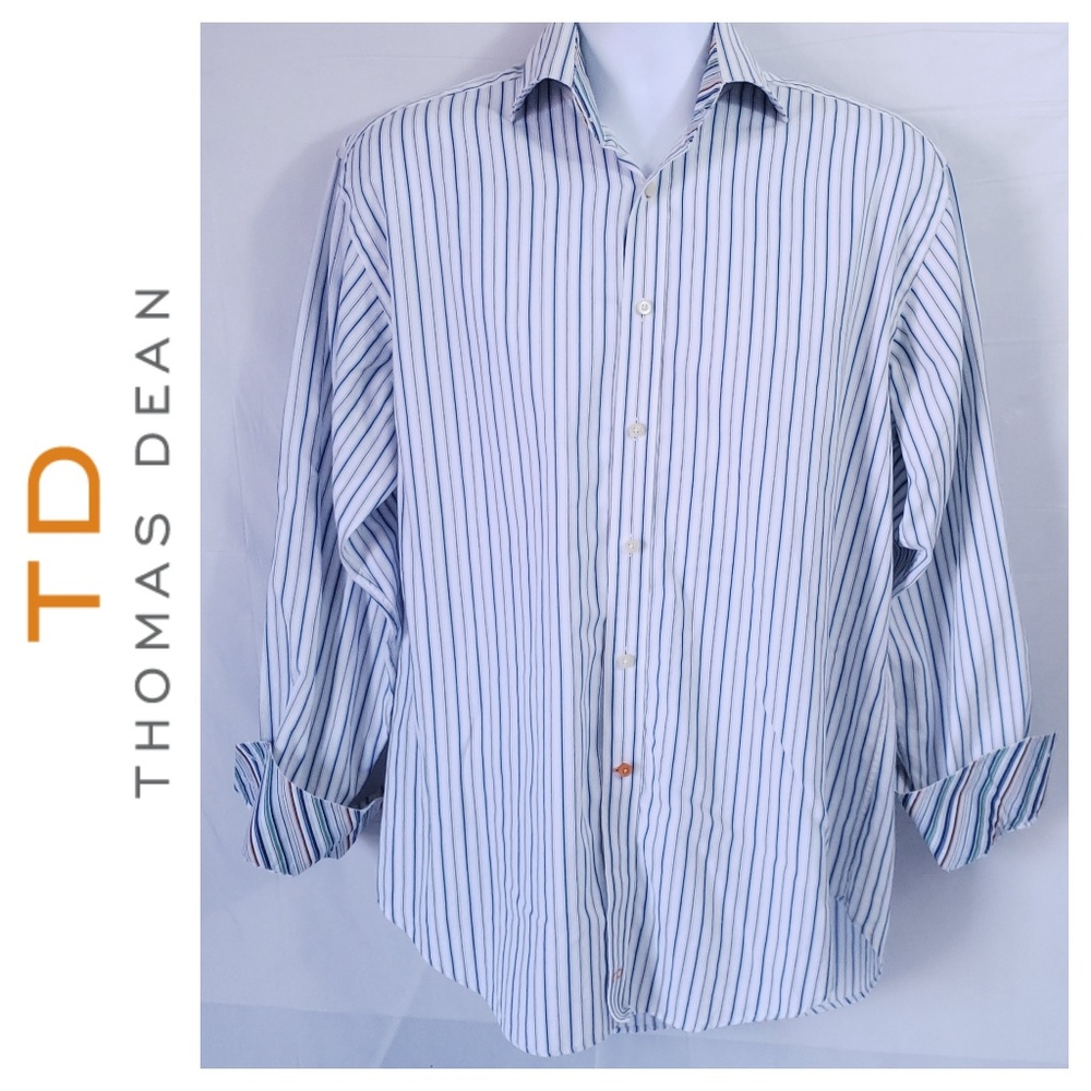 Thomas Dean Mens L/S Button Up Shirt White Blue Stripes Flip Cuff Large